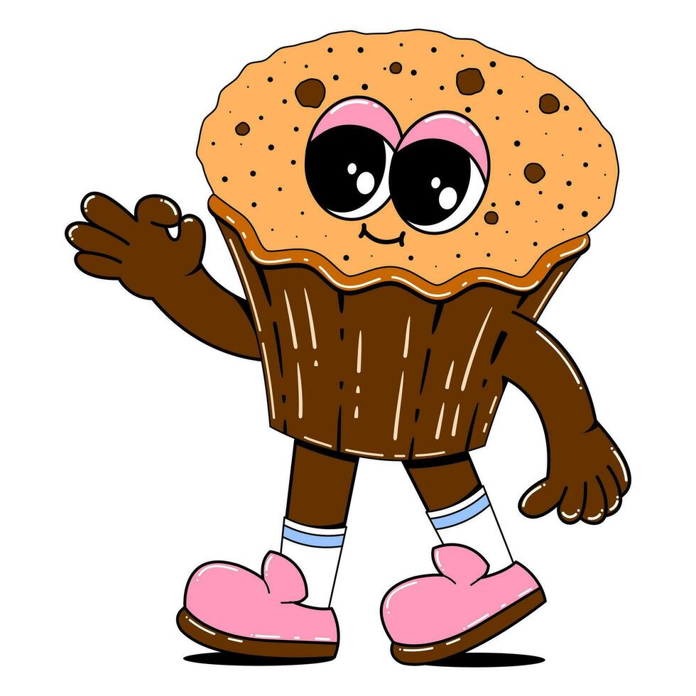 Cute cupcake character in retro cartoon style. Vector illustration of a sweets mascot with a cheerful face, arms, legs.