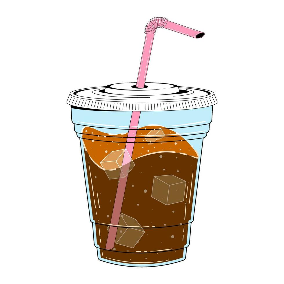 Straight glass with cola and ice in retro cartoon style. Vector flat illustration of a plastic glass with a straw and cold cola.