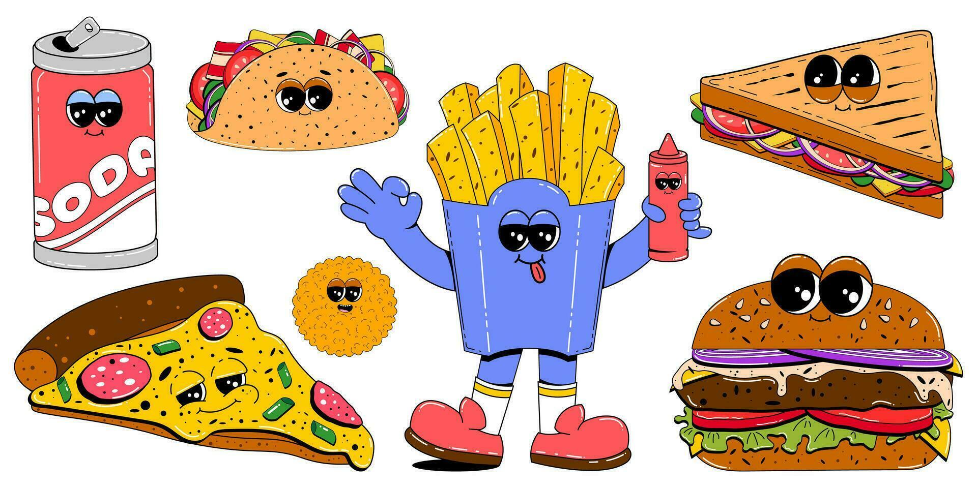 vistoso conjunto de rápido comida caracteres en retro dibujos animados estilo. vector mascota ilustración de hamburguesa, caliente perro, francés papas fritas, pizza, tacos, soda y otro calle comida en blanco aislado antecedentes.