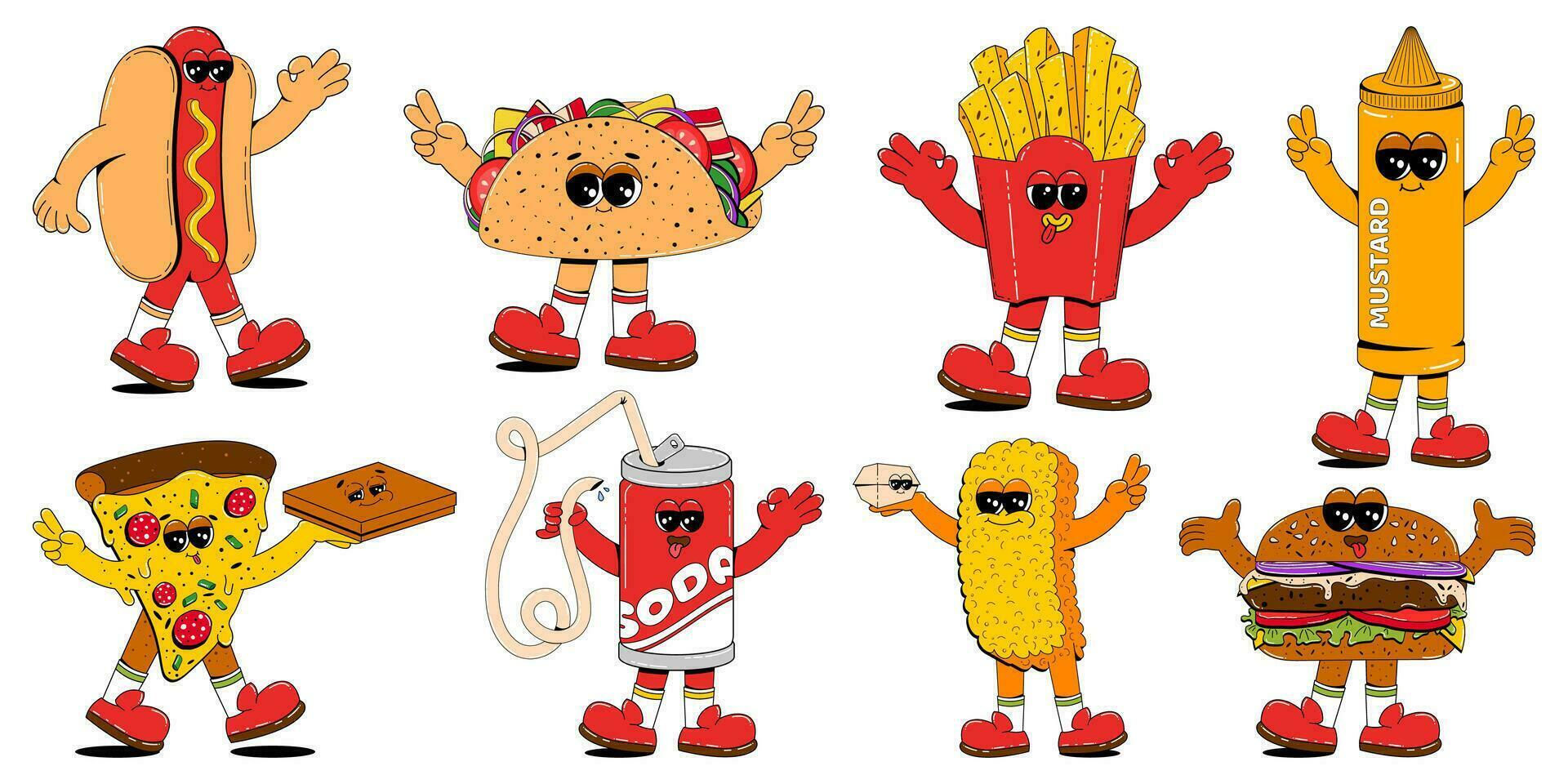 Colorful set of fast food characters in retro cartoon style. Vector mascot illustration of burger, hot dog, french fries, pizza, taco, soda and other street food on white isolated background.