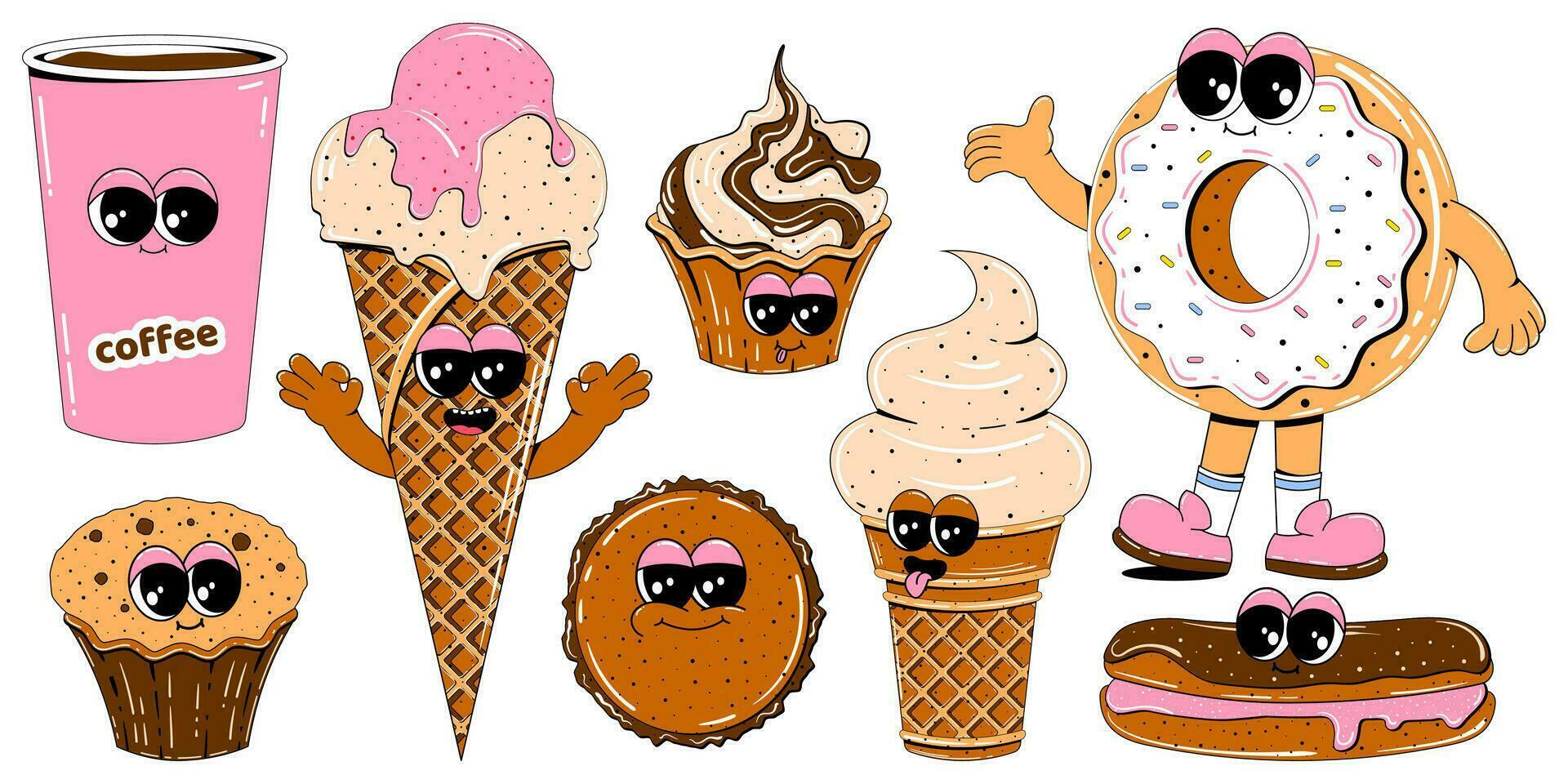 Cute sweets characters in retro cartoon style. Colorful set of mascots of donut, coffee, ice cream, cake, cupcake and other sweets. Vector illustration on isolated white background.