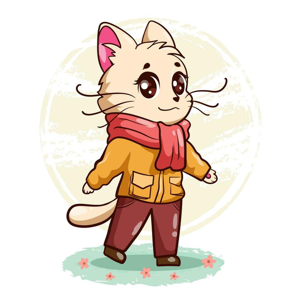 Kawaii adorable cat with cool outfit style hand drawn style animal cartoon character vector