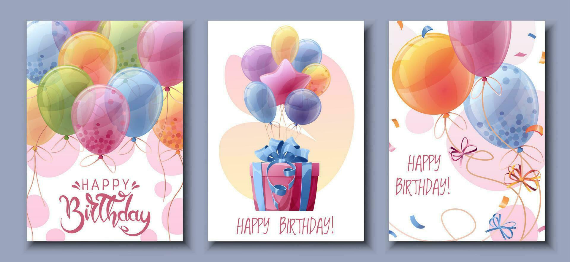 Set birthday greeting card design. Banner, flyer template with colorful balloons, gift, confetti and serpentine. Happy birthday Invitation design for holiday, anniversary, party vector
