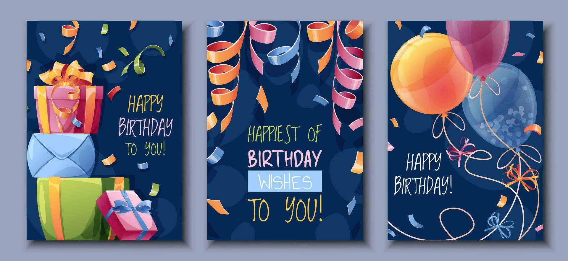 conjunto cumpleaños saludo tarjeta diseño. bandera, volantes modelo con vistoso globos, un manojo de regalos, papel picado y serpentina. contento cumpleaños invitación diseño para día festivo, aniversario, fiesta vector