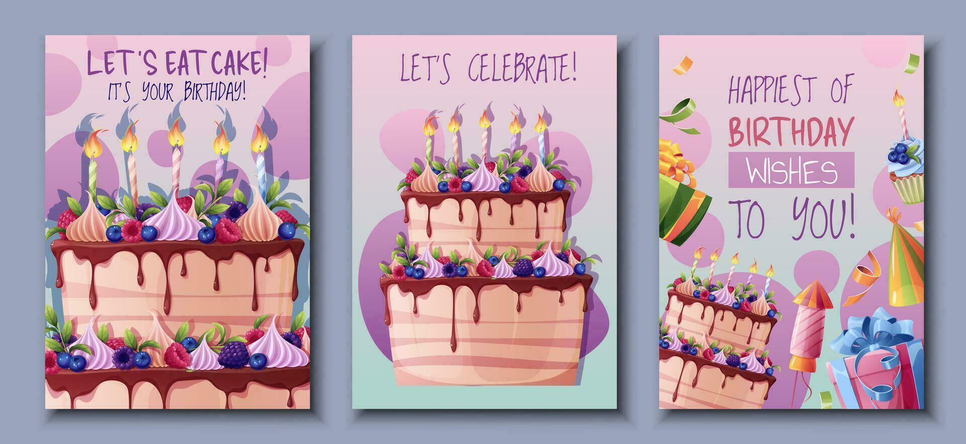 Set of birthday greeting card design. Banner, flyer with cake, gifts, fireworks and serpentine. Happy birthday Invitation design for holiday, anniversary, party. vector