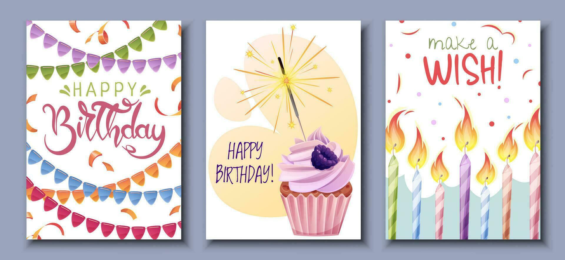 Set birthday greeting card design. Banner, flyer template with cupcake, candles, flags, garland, gifts. Happy birthday Invitation design for holiday, anniversary, party vector