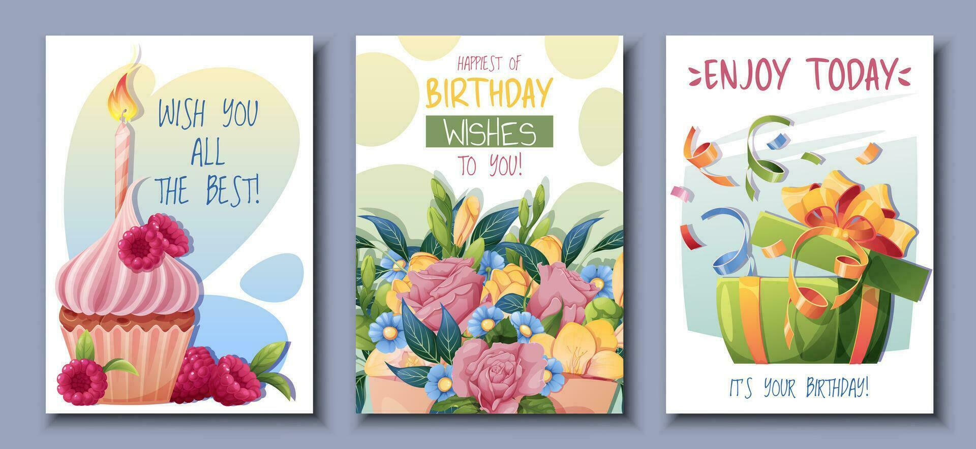 Set of birthday greeting card design. Banner, flyer with cupcake, flowers, gift box. Happy birthday Invitation design for holiday, anniversary, party. vector