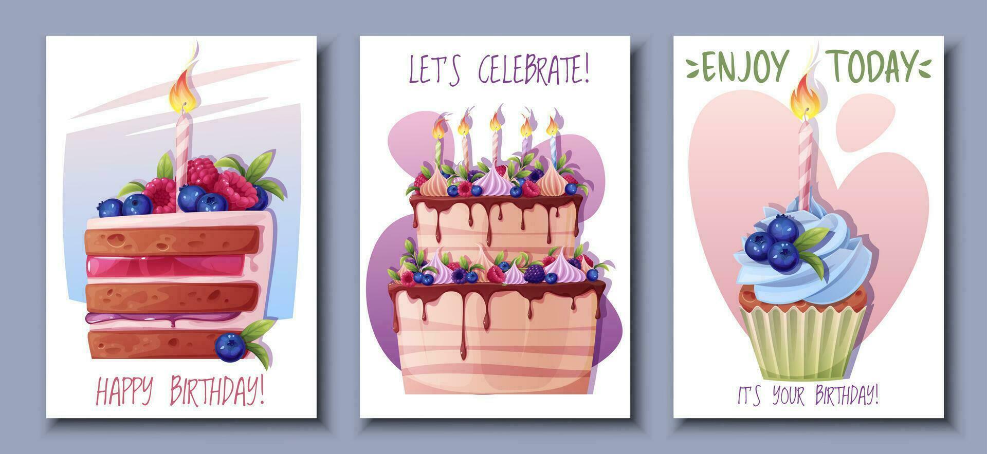 conjunto cumpleaños saludo tarjeta diseño. bandera, volantes modelo con magdalena, pastel decorado con crema, frambuesas, arándanos y un vela. contento cumpleaños invitación diseño para día festivo, aniversario vector