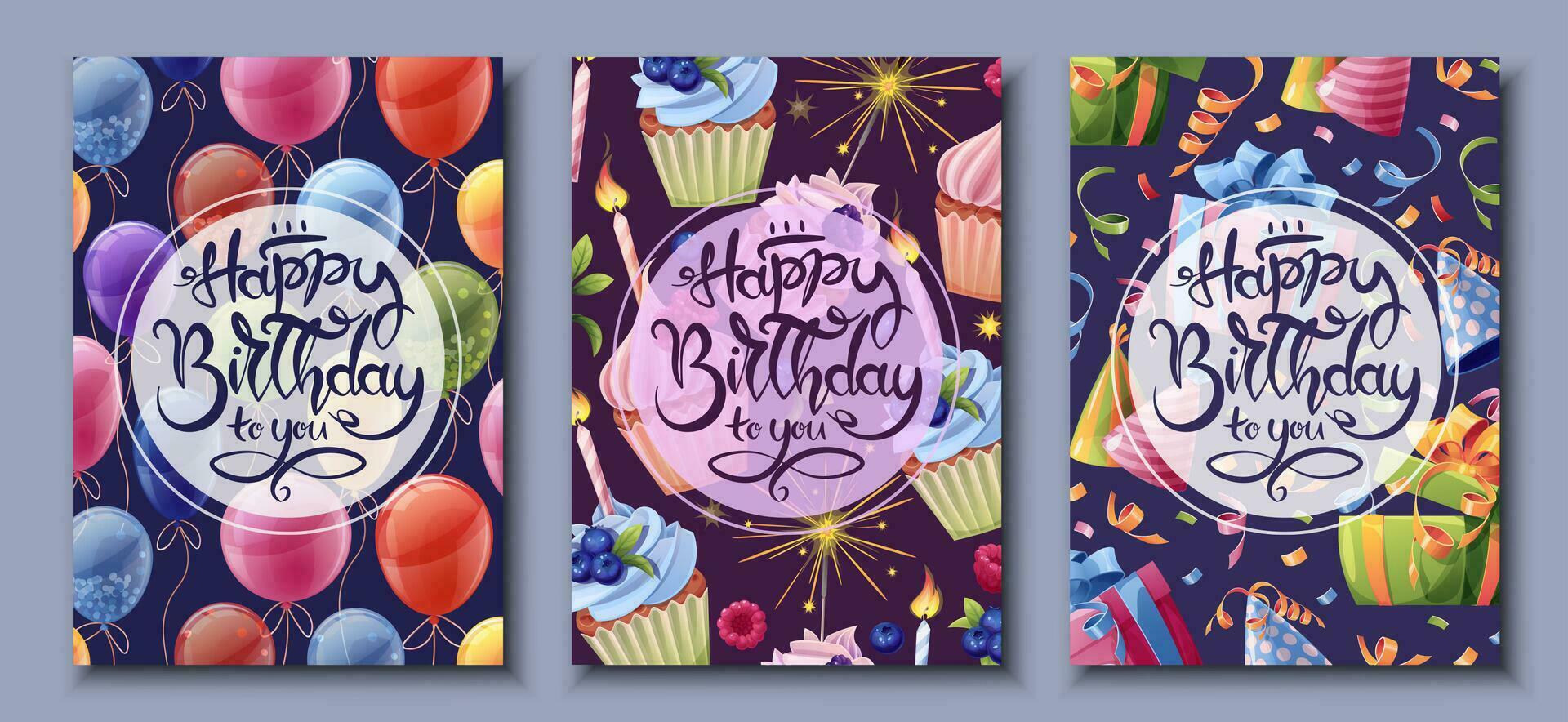 Set of birthday greeting card design. Banner, flyer with cupcakes, balloons, gifts fireworks and serpentine. Happy birthday Invitation design for holiday, anniversary, party. vector