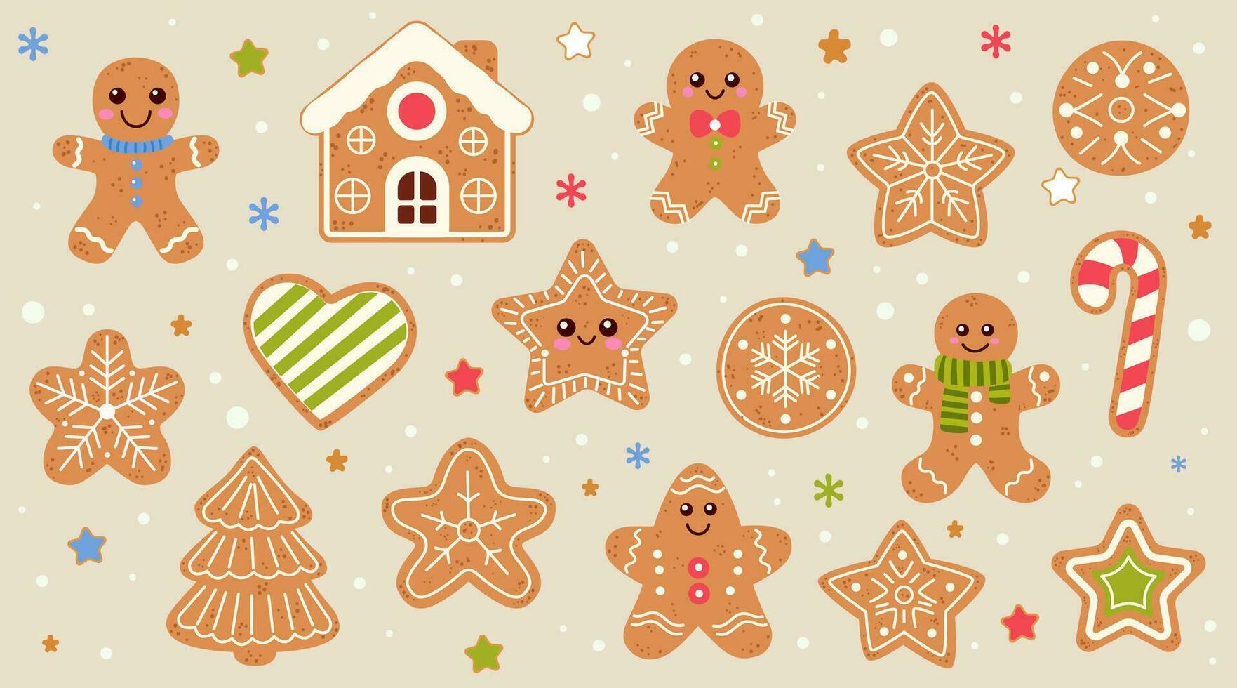 Cute cookies vector set. Christmas gingerbread cookie flat cartoon set. New year sweet gingerbread man, hearts, star, house, candy, snowflakes, Christmas tree.