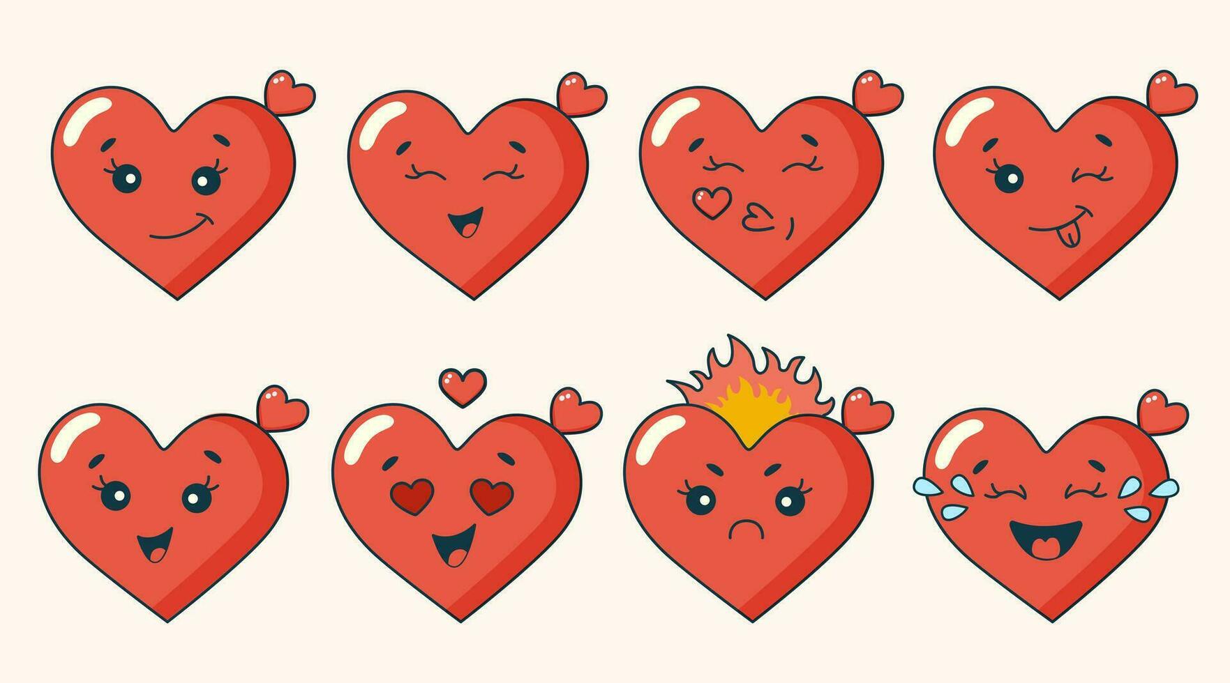 Set retro cartoon groovy characters. Cute and funny heart characters. Retro valentines day sticker set. 60 -70s vibes. vector