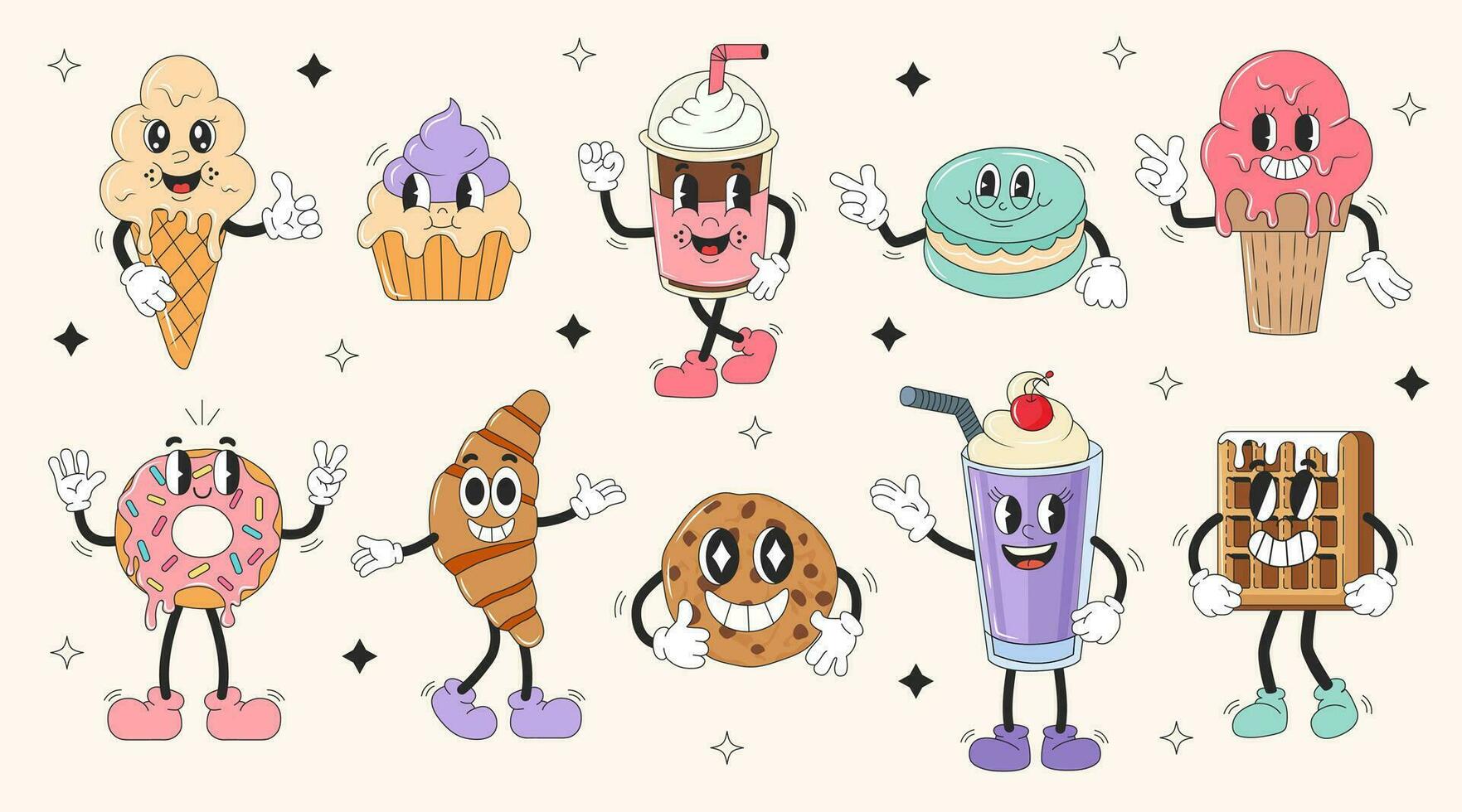Set retro cartoon characters. Sweets in groovy style. Modern illustration with cute comics characters. 60 -70s vibes sticker set. vector