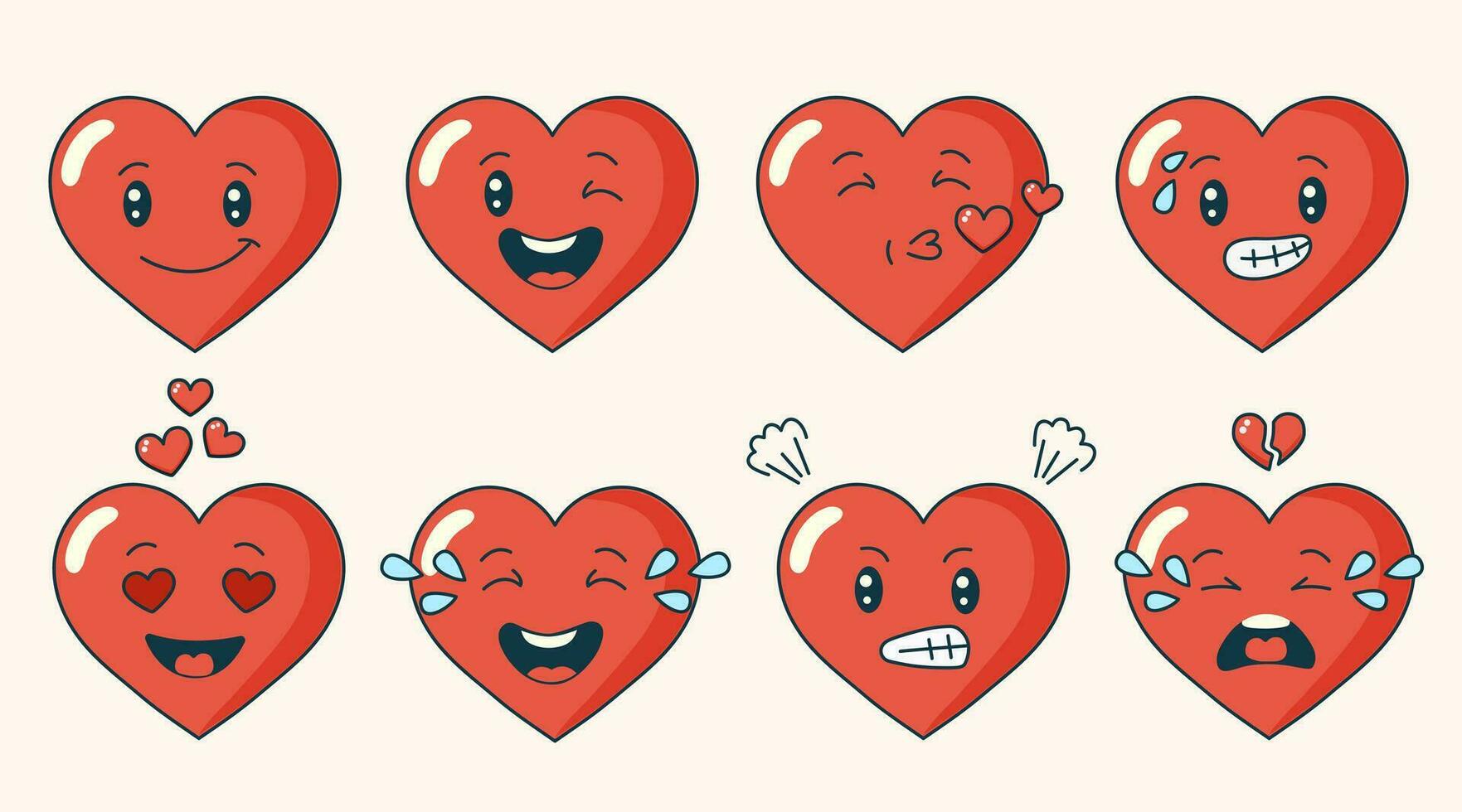 Set retro cartoon groovy characters. Cute and funny heart characters. Retro valentines day sticker set. 60 -70s vibes. vector