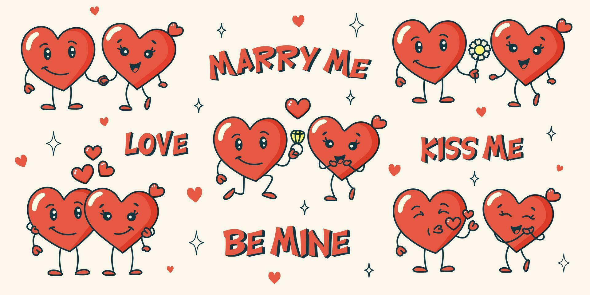 Retro groovy red hearts characters. Set of stickers valentines day in retro style. Two loving hearts in different situations. Trendy 60s, 70s, 80s style. vector