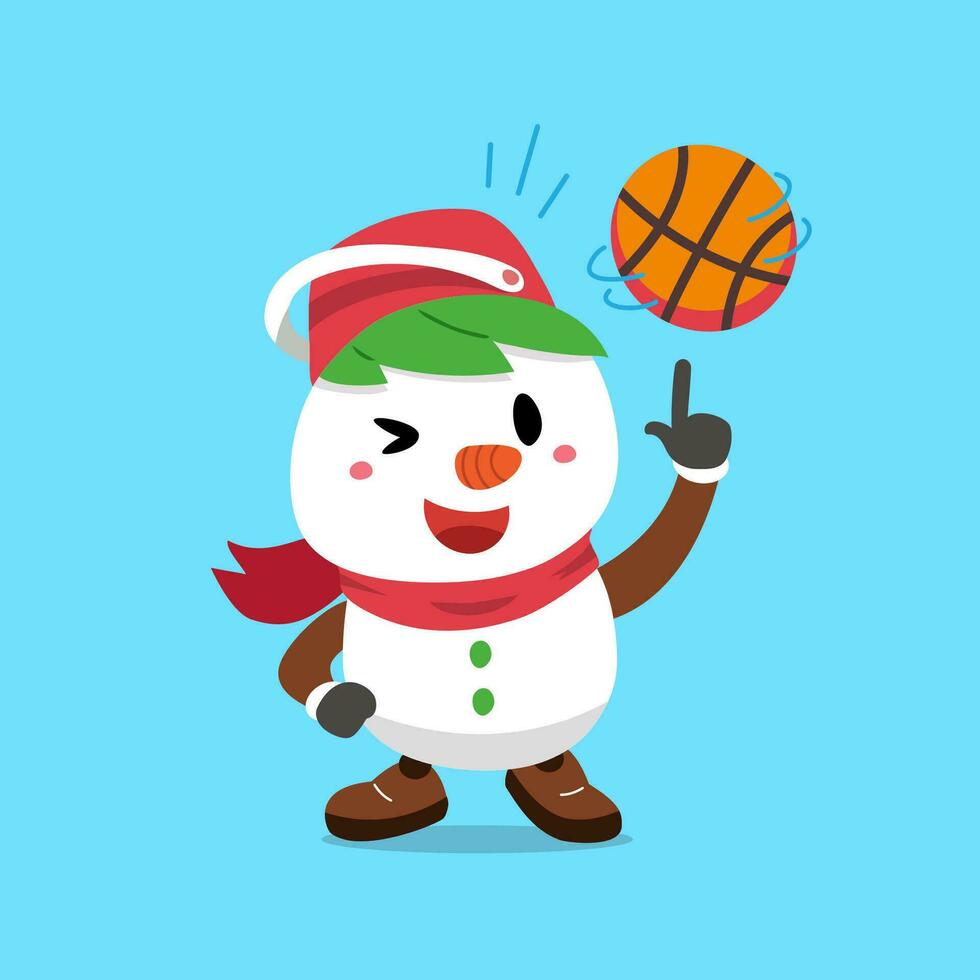 dibujos animados personaje Navidad monigote de nieve jugando baloncesto vector