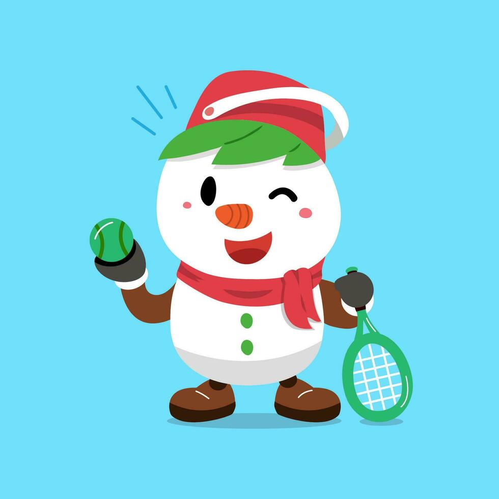 dibujos animados personaje Navidad monigote de nieve jugando tenis vector