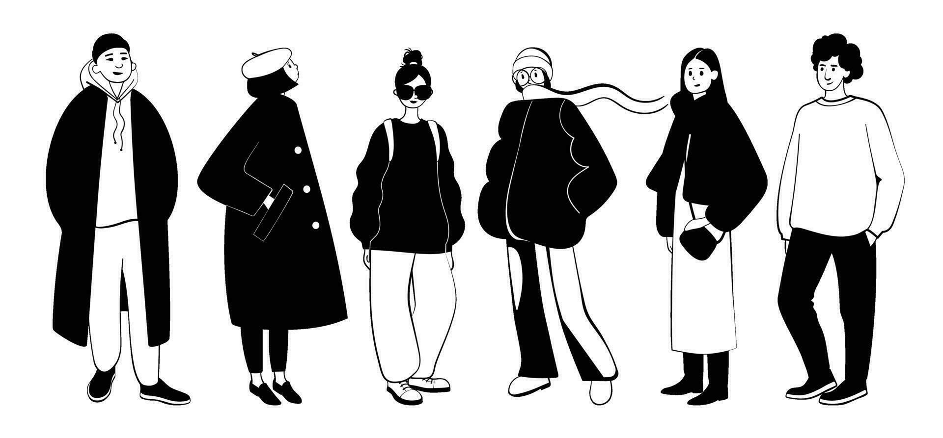 grupo de elegante mujer y hombres en de moda primavera o otoño trajes mano dibujado joven personas personaje colocar. moderno de moda calle estilo muchachas y tipo. vector negro y blanco color ilustración.