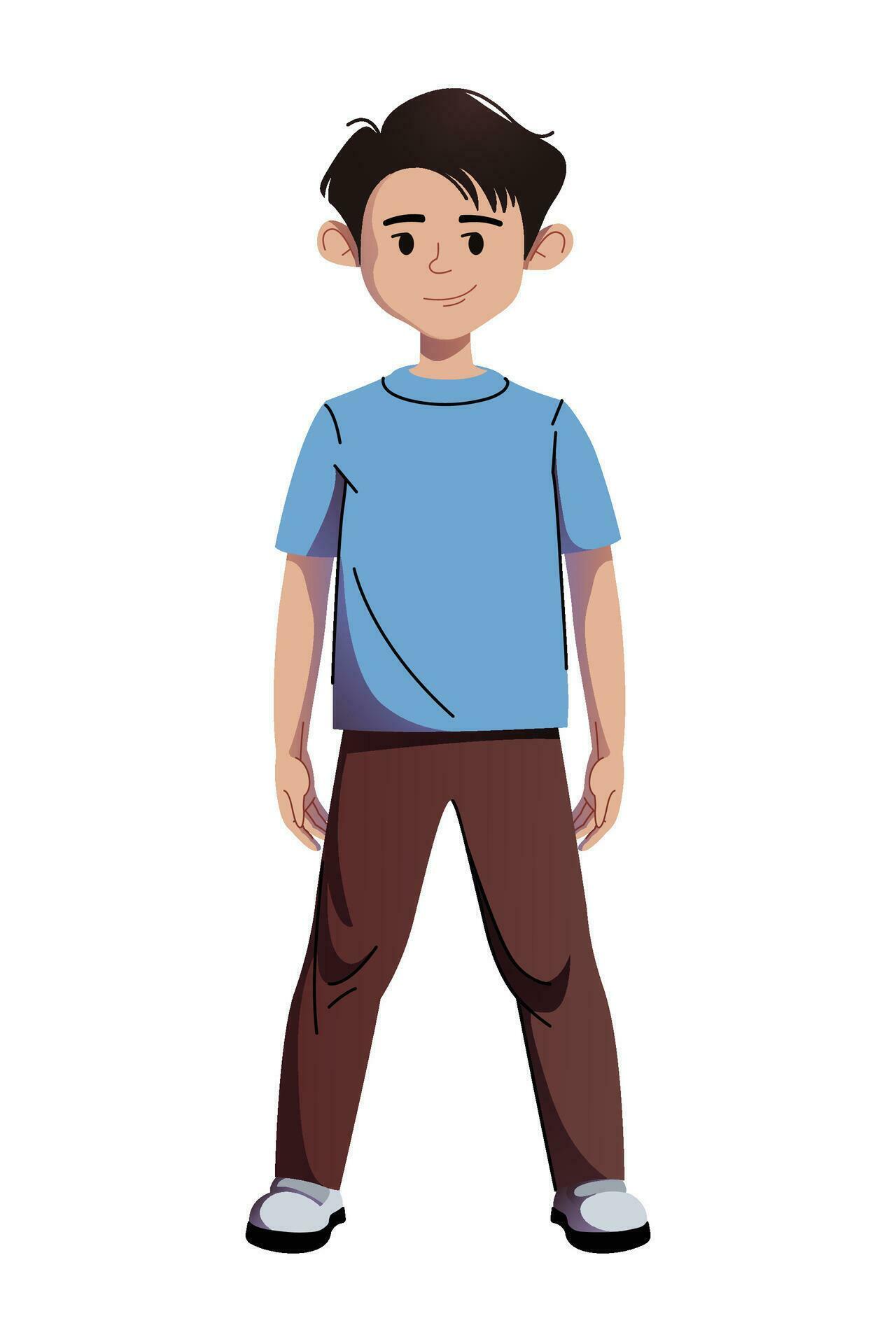 Cartoon schoolboy character. Standing selfconfident pupil boy. Vector
