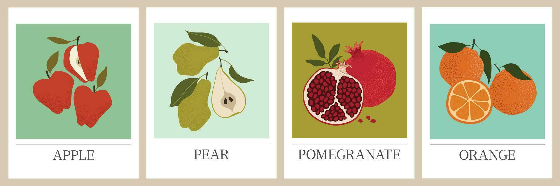 Fruits posters set. Abstract pomegranate, pear, apple and orange wall art print. Modern minimal style vector arrangements for cover, package design, greeting card, invitation, or wall decor.
