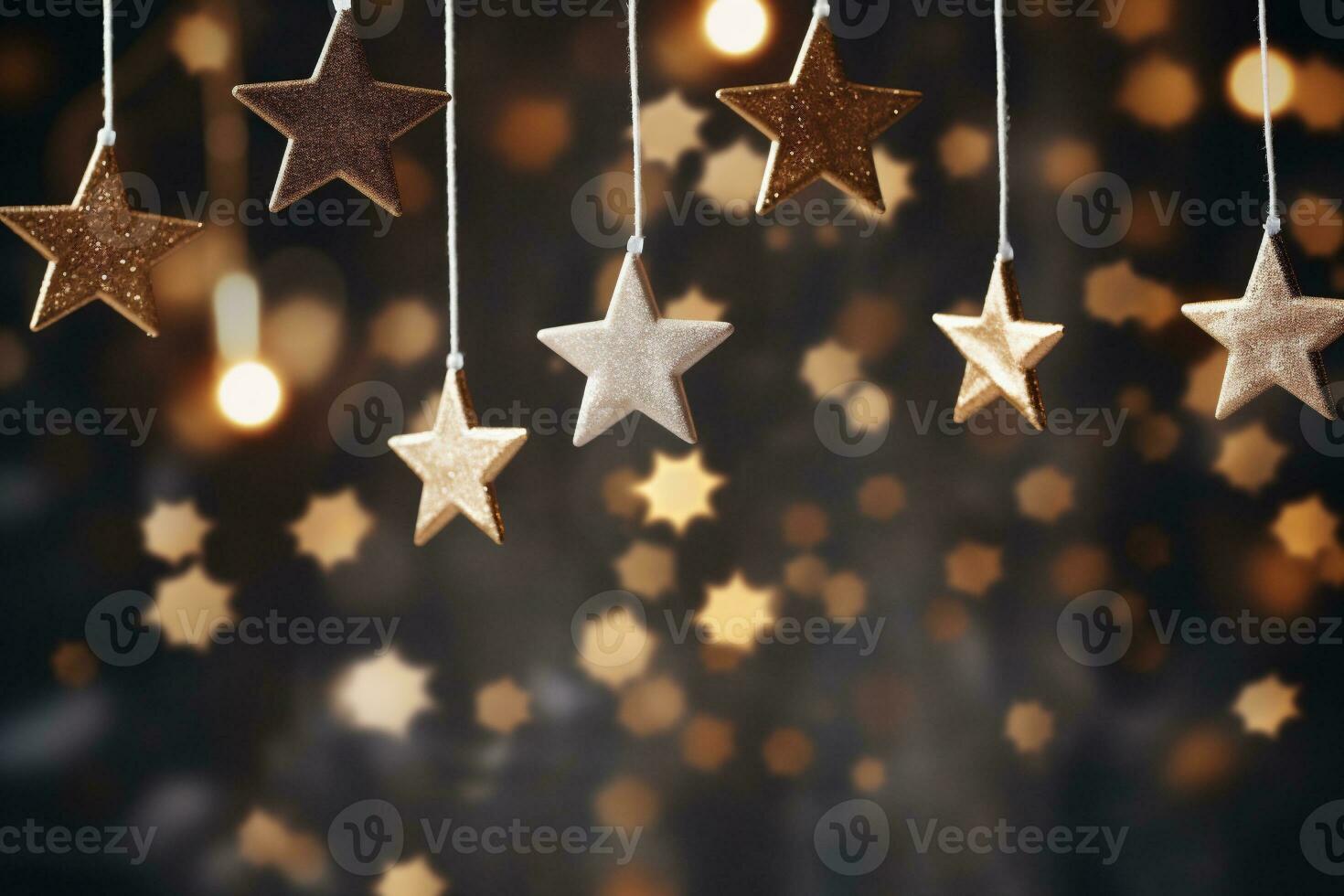 AI generated Christmas background with stars and bokeh lights. Festive decoration. photo
