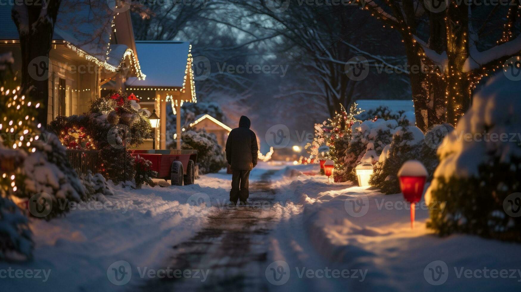 ai generado Navidad y nuevo año Días festivos concepto. hombre caminando en cubierto de nieve ciudad calle a noche. foto