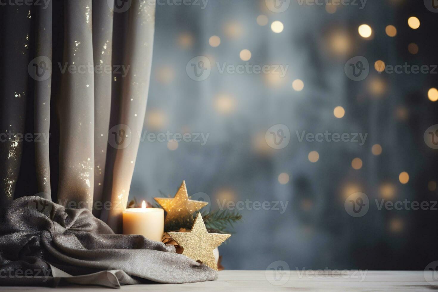 AI generated Christmas decoration with burning candle and golden star on bokeh background photo