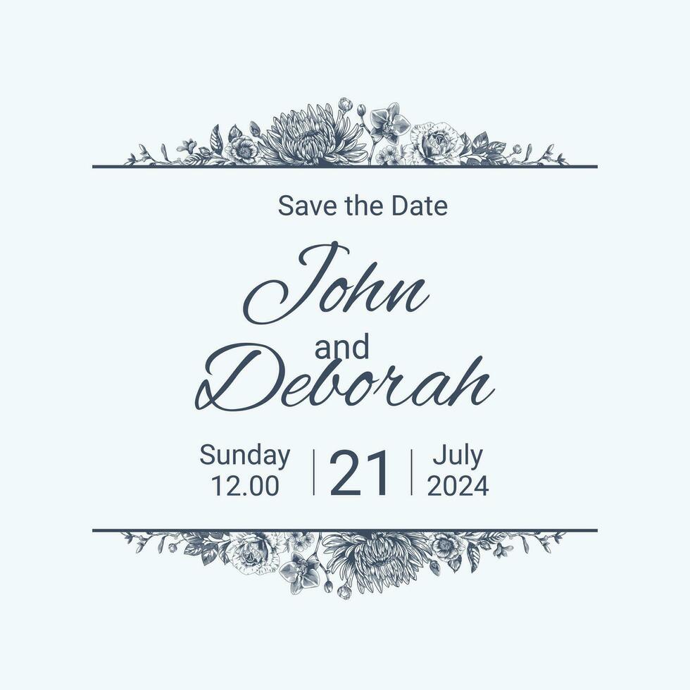 Botanical blue wedding frame or wreath on white background. Hand drawn floral, flower, leaf branch in toile de jouy style. Line art for wedding, monogram, invitation, greeting, logo, birthday cards vector