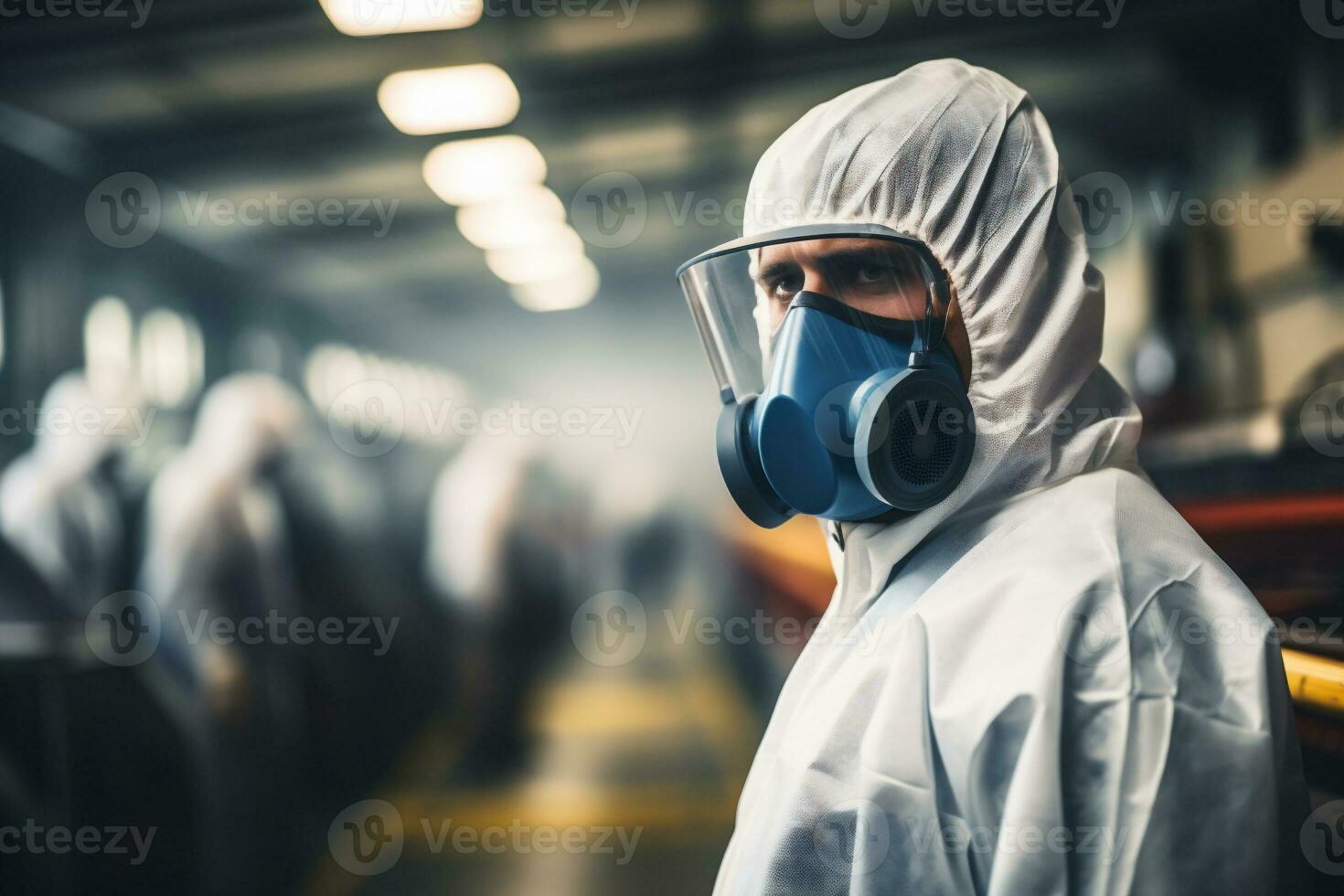 AI generated Man in hazmat suit and respirator looking at camera while standing in car factory photo