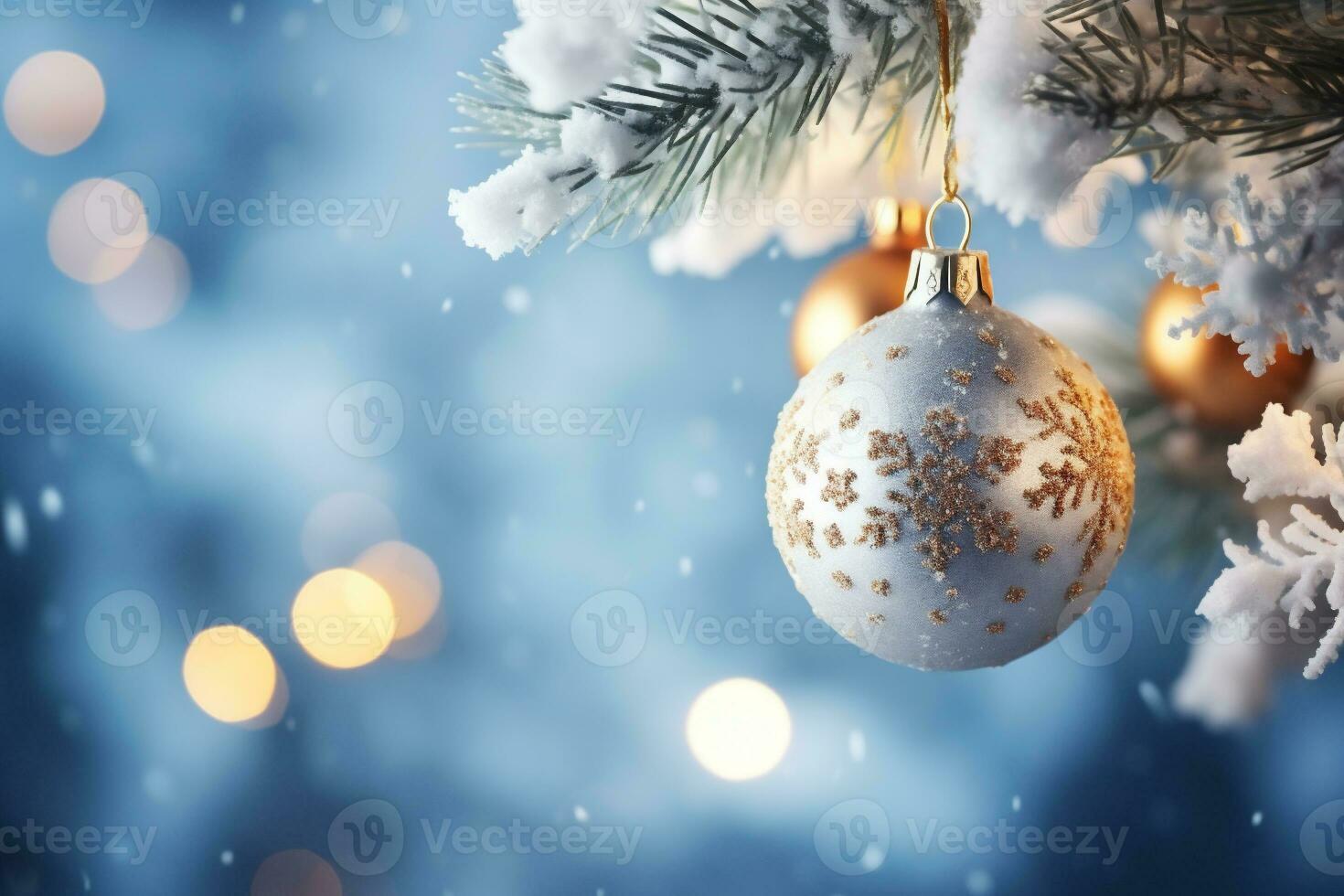AI generated Christmas background with fir branches covered with snow and bokeh lights photo