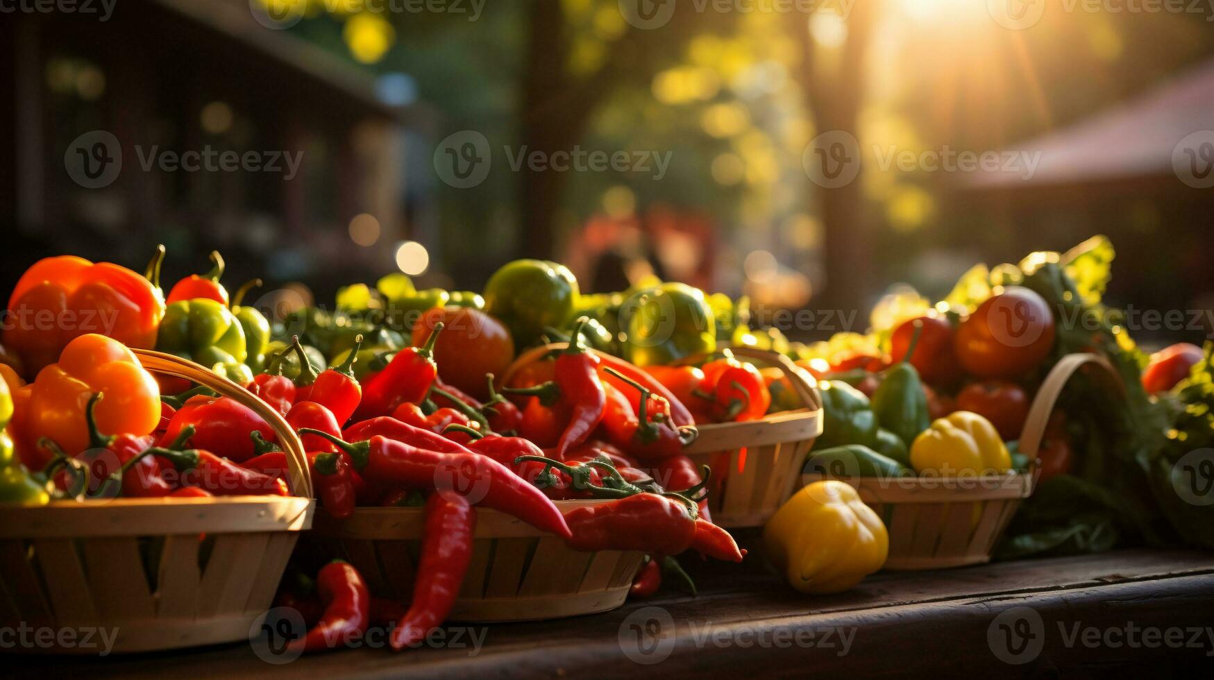 AI generated Fresh vegetables in basket on wooden table in garden. Selective focus. photo