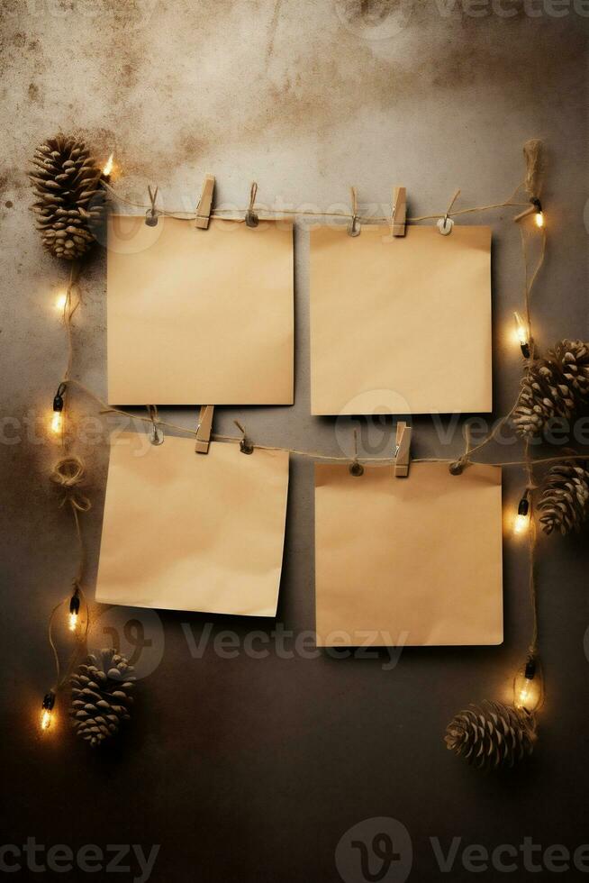AI generated Blank post it notes with christmas lights on wooden background. photo