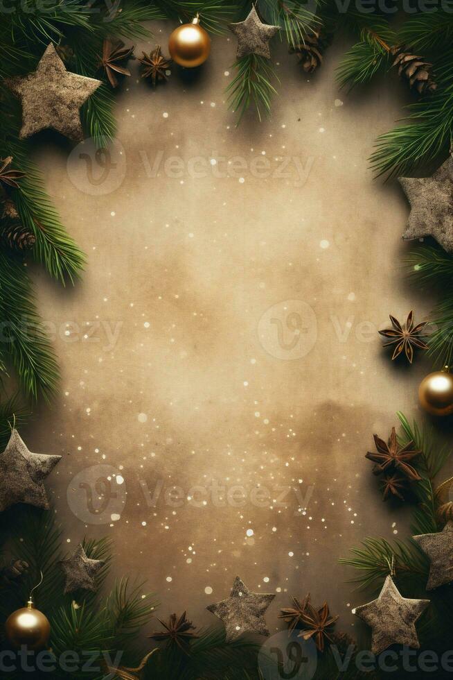 AI generated Christmas background with fir tree branches, golden baubles, star anise and snowflakes photo