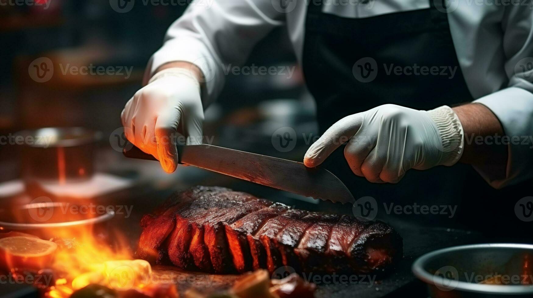 ai generado cocinero corte carne de vaca filete con un cuchillo en un restaurante cocina foto