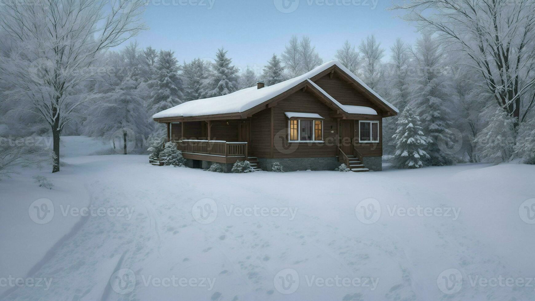 AI generated Winter Landscape of Cottage Covered in Snow photo