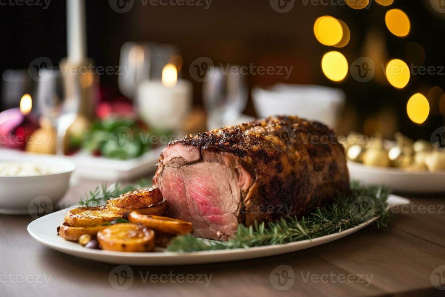 AI generated Roast pork tenderloin with potatoes and Christmas lights on background photo
