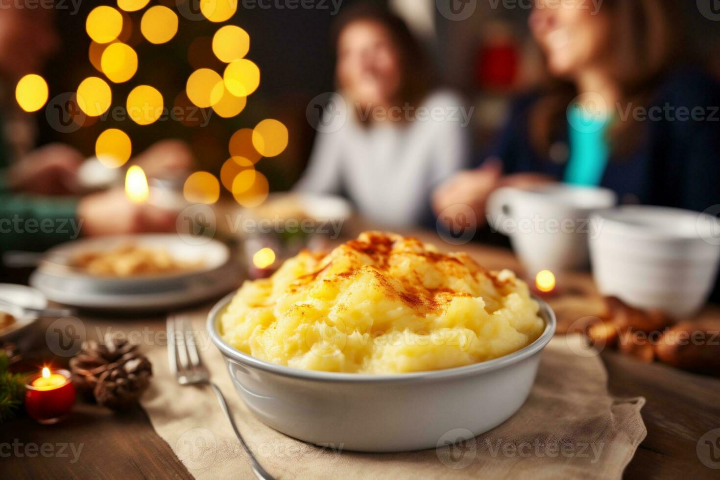 AI generated Mashed potatoes served on festive table with family in background at home photo