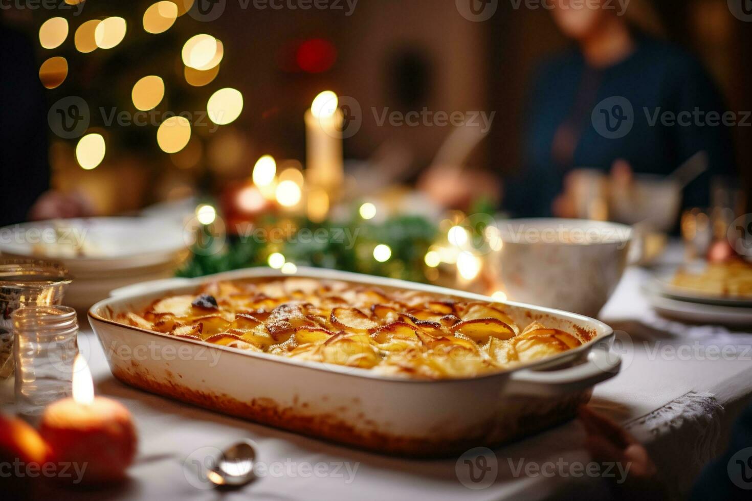AI generated Scalloped Potatoes in baking dish on christmas table photo