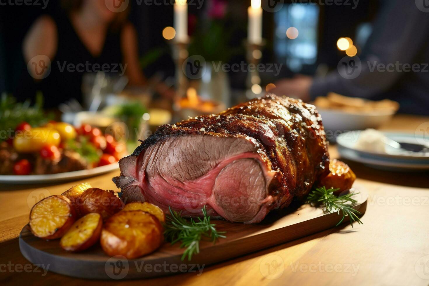 AI generated Roast pork tenderloin with potatoes and Christmas lights on background photo
