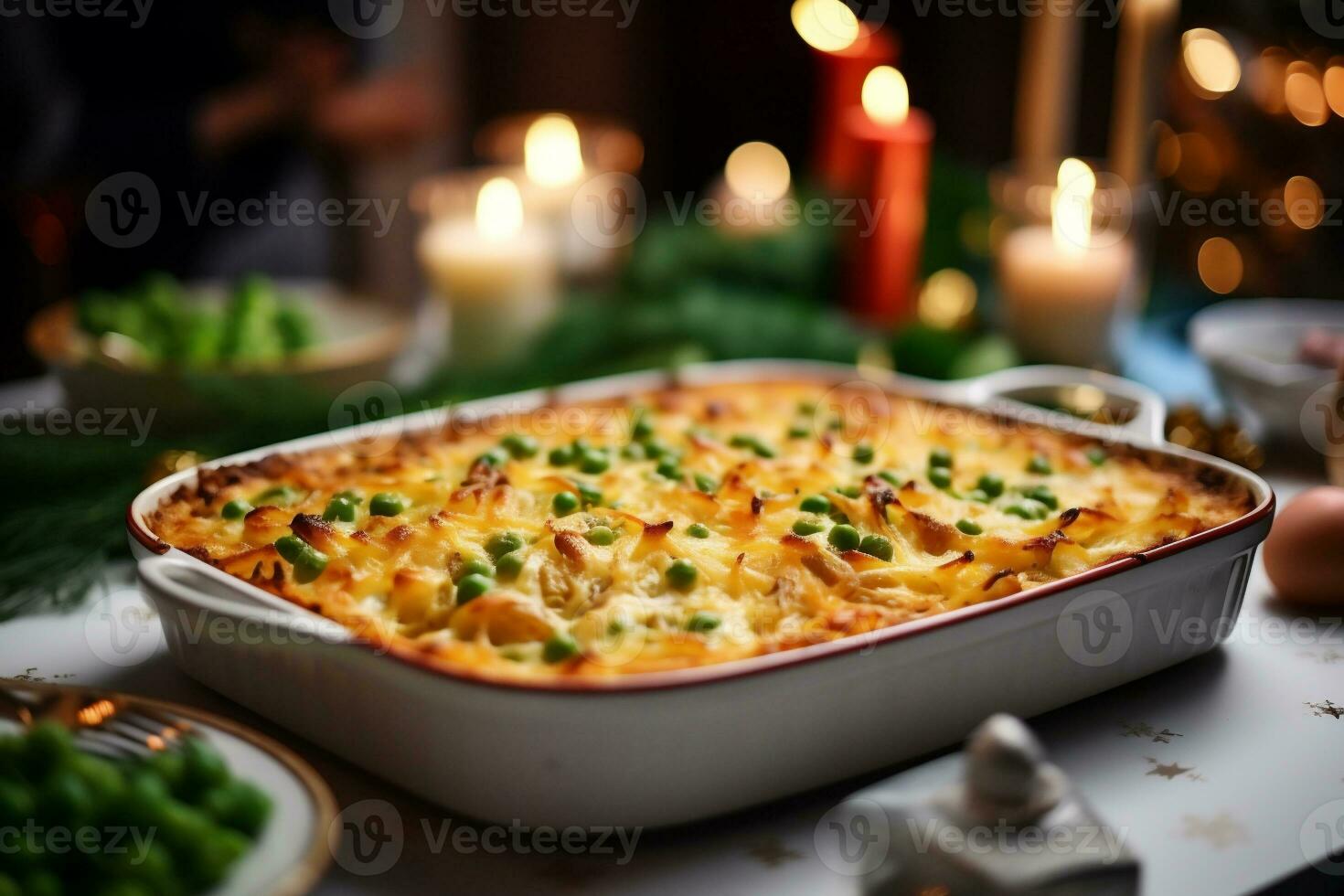 AI generated Close up of a baking dish with food on the background of a group of friends celebrating Christmas photo