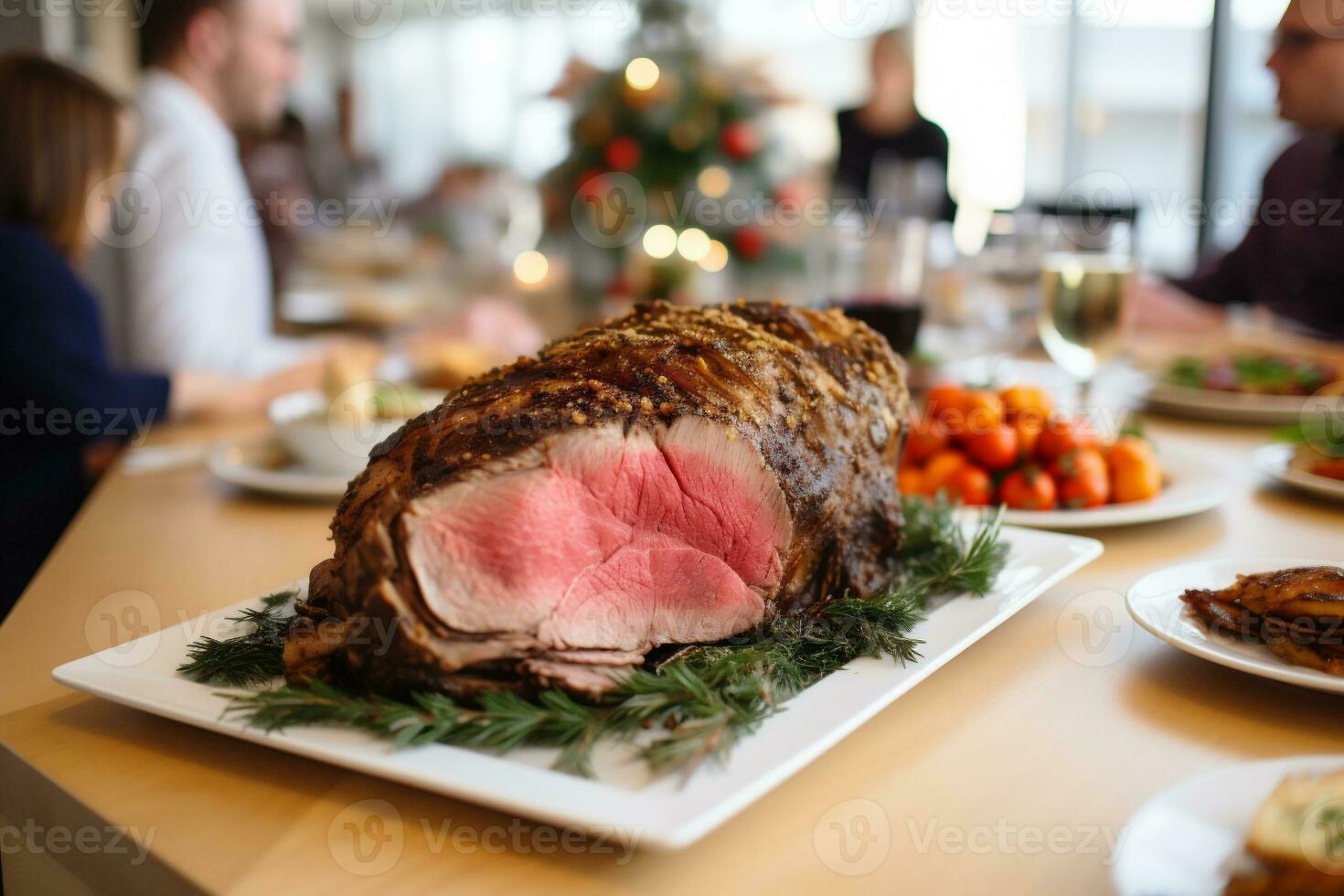 AI generated Roast pork tenderloin with potatoes and Christmas lights on background photo