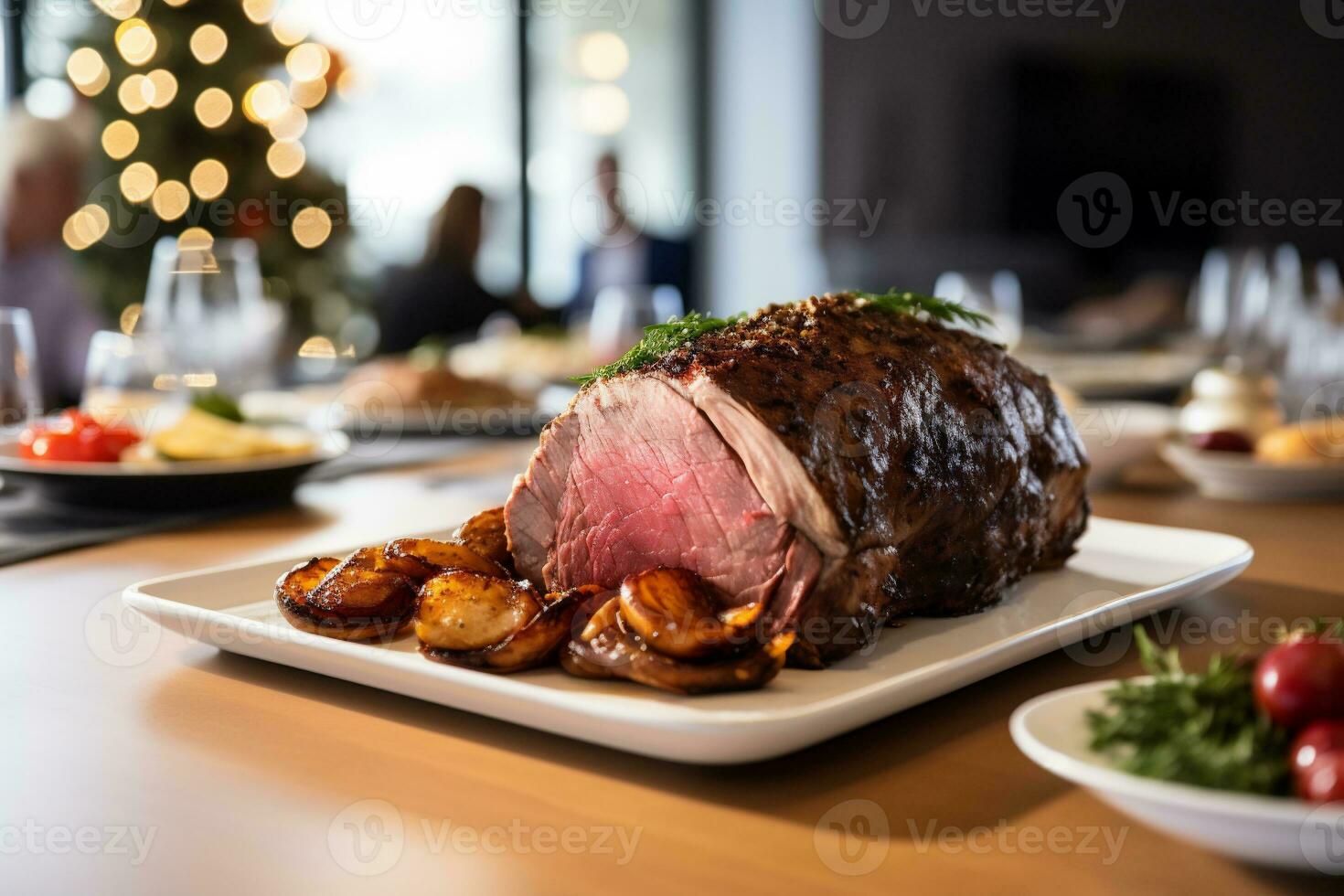 AI generated Roast pork tenderloin with potatoes and Christmas lights on background photo