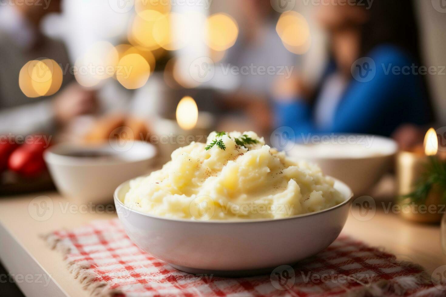 AI generated Mashed potatoes served on festive table with family in background at home photo