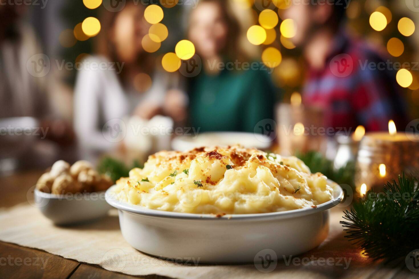 AI generated Mashed potatoes served on festive table with family in background at home photo