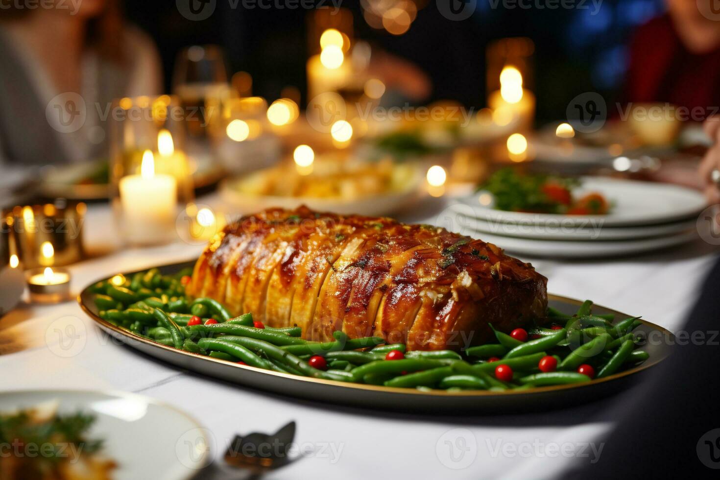 AI generated Delicious roast turkey with green beans on festive table, closeup photo