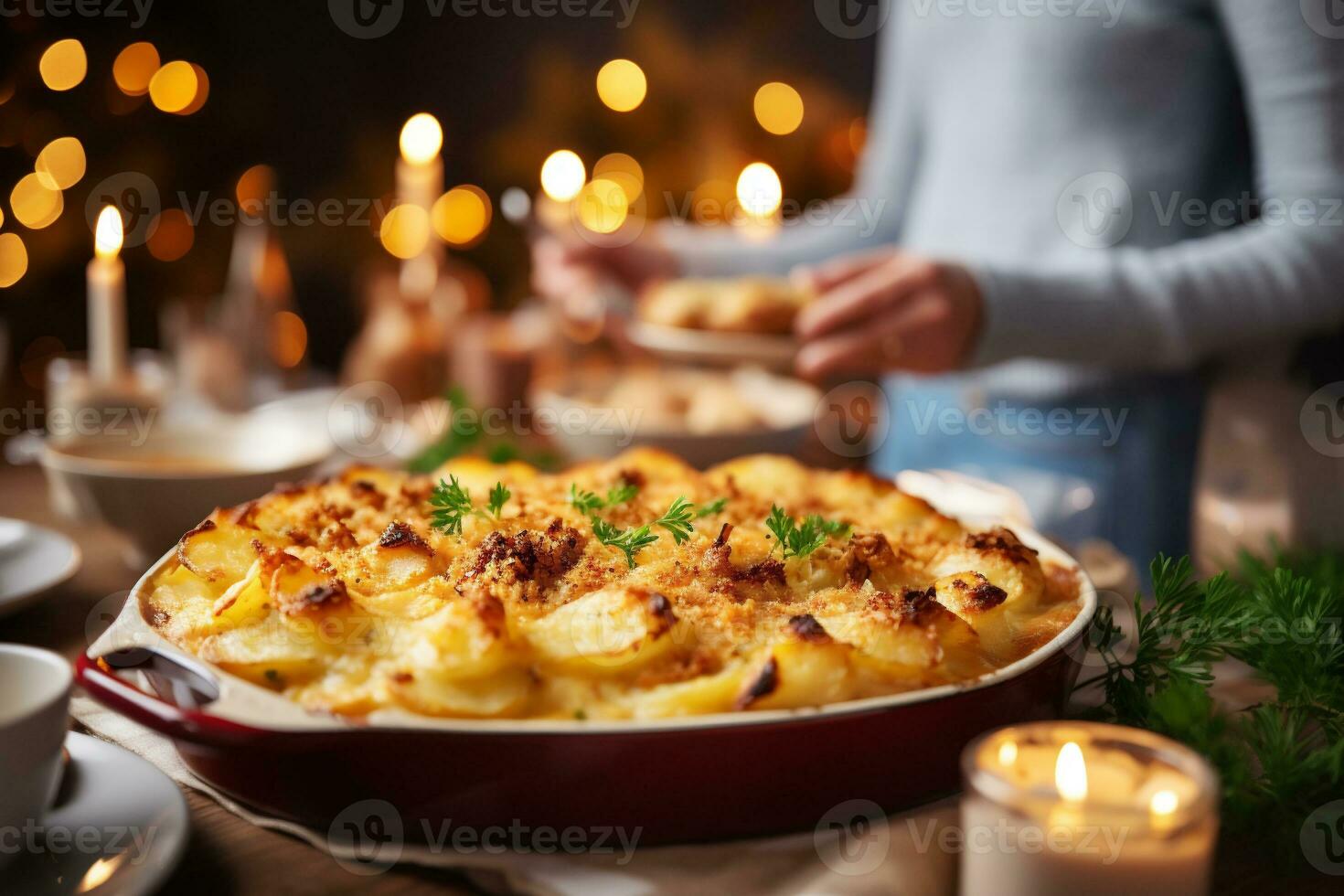 AI generated Scalloped Potatoes in baking dish on christmas table photo