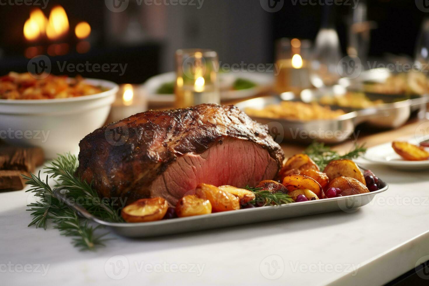 AI generated Roast pork tenderloin with potatoes and Christmas lights on background photo