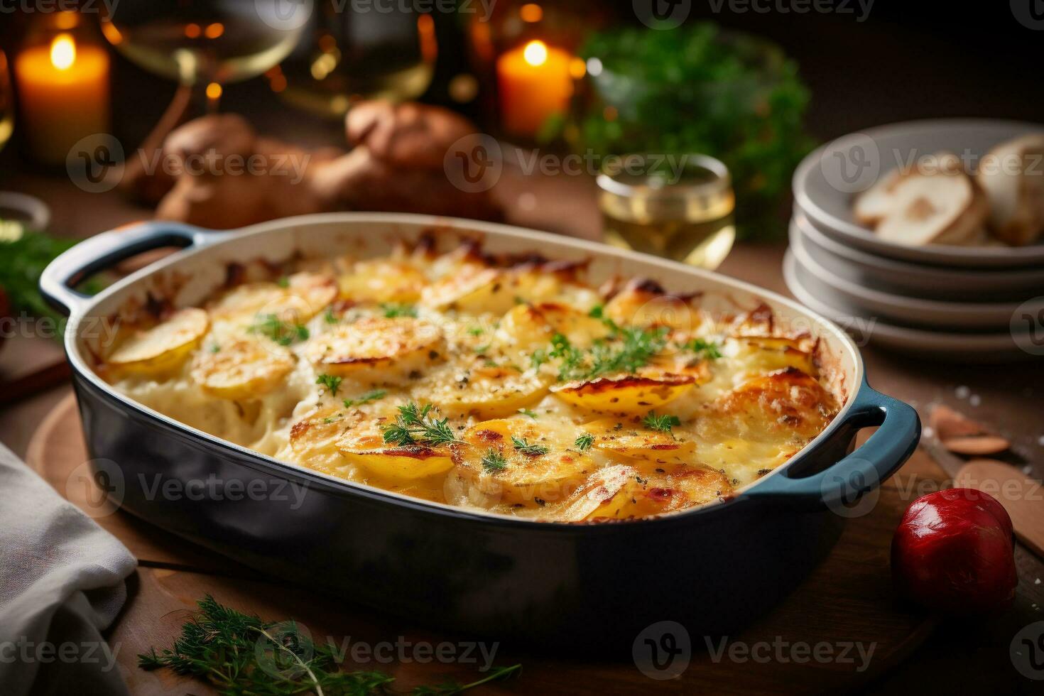 AI generated Scalloped Potatoes in baking dish on christmas table photo