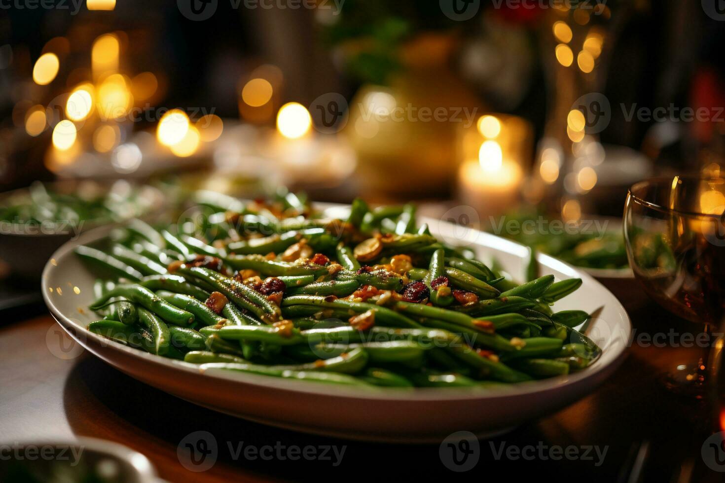 AI generated Green beans with dried cranberries and walnuts on a plate. photo