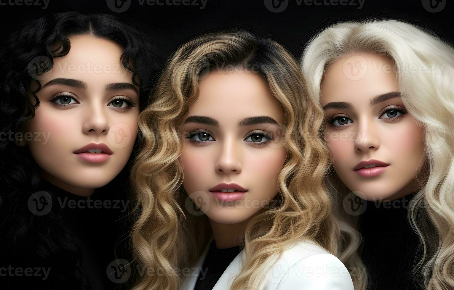 AI generated Portrait of three women with healthy long shiny hair, Keratin straightening treatment, Smooth hairstyle. photo