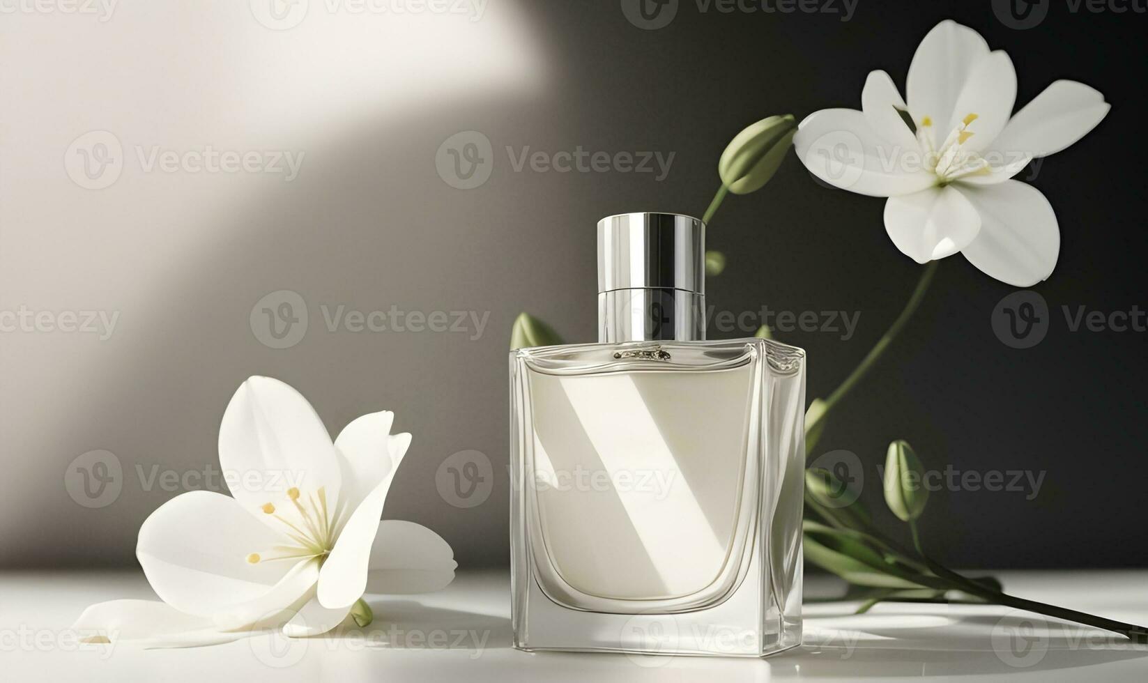 AI generated Spring romance with clear glass perfume bottles. Stylish parfumerie banner. photo